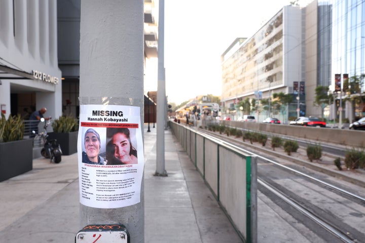 Flyers of missing Maui woman Hannah Kobayashi hang near the metro station where she was last seen in downtown Los Angeles on Nov. 21, 2024.