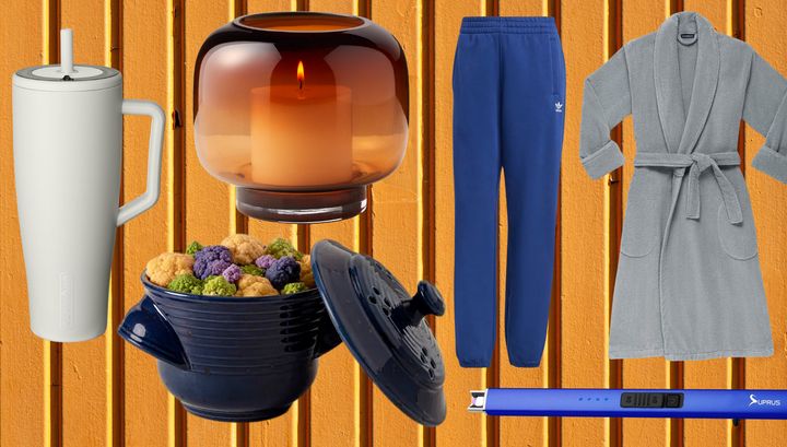 BrüMate tumbler, stoneware vegetable steamer, CB2 smoked hurricane glass, Adidas fleece sweatpants, electric lighter and Brooklinen bathrobe