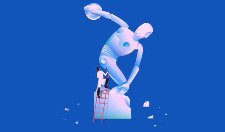 Scientist carving marble sculpture of a robot. Artificial intelligence in daily life, AI connection, machine learning concept. Vector illustration.