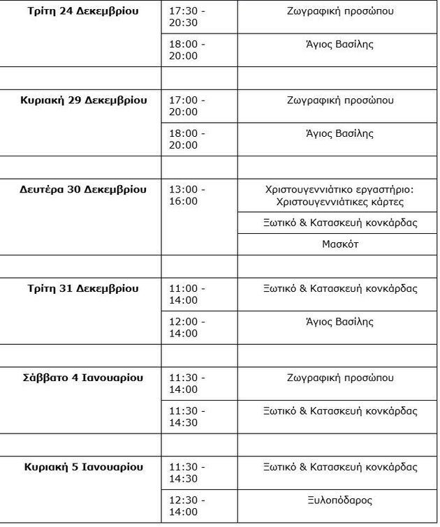 Πρόγραμμα από Τρίτη (24/12) έως Κυριακή (05/01).