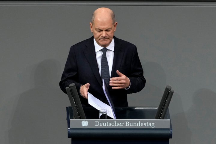 German Chancellor Olaf Scholz speaks during a plenary session at the German parliament Bundestag where he faces a vote of confidence, Berlin, Germany, on Dec. 16, 2024.