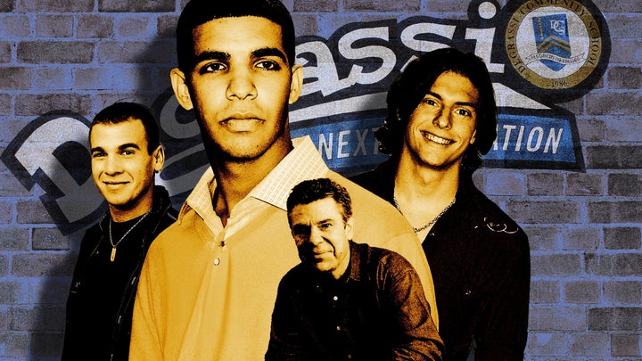 Jimmy (Audrey "Drake" Graham), Spinner (Shane Kippel), Rick (Ephraim Ellis) and Mr. Raditch (Dan Woods) of "Degrassi: The Next Generation."