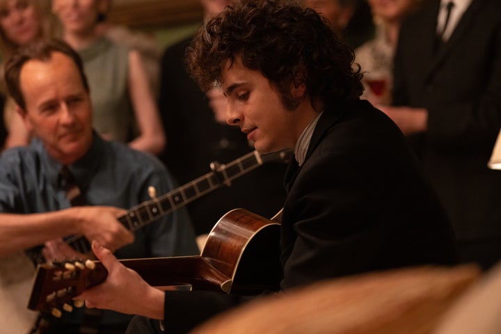 (Left to right) Edward Norton as Peter Seeger and Chalamet in a scene from "A Complete Unknown."