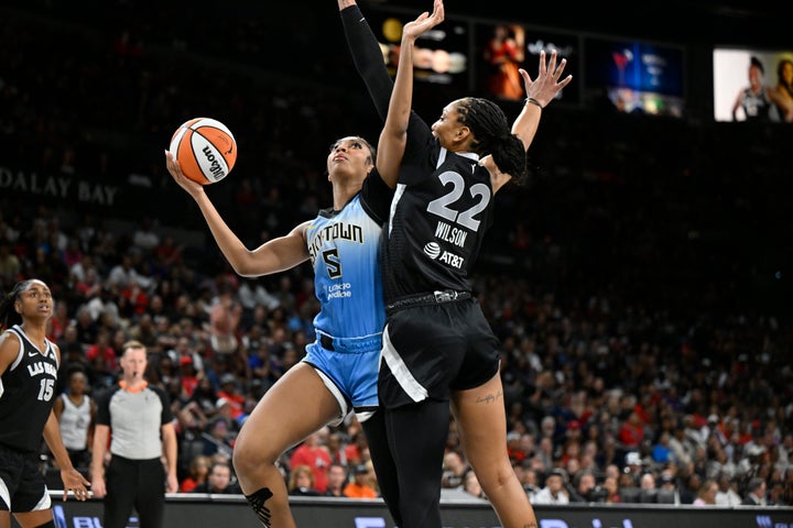 Angel Reese of the Chicago Sky drives to the basket against the Las Vegas Aces on July 16.