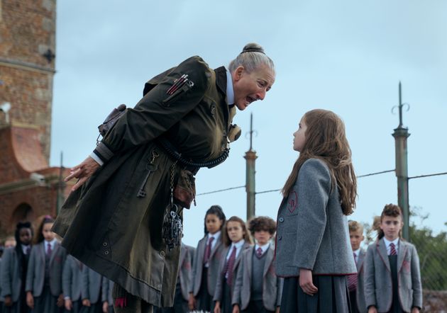 Emma Thompson as Agatha Trunchbull and Alisha Weir as Matilda in Roald Dahl's Matilda the Musical