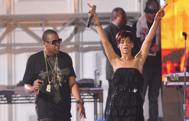 Jay-Z and Rihanna performing at the 3rd Thisday Africa Rising Festival in 2008 in Abuja, Nigeria.