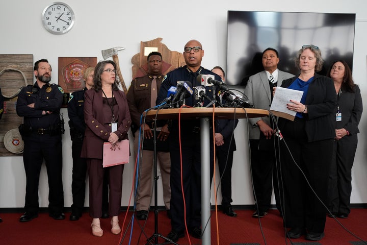 Shon Barnes, the Madison police chief, speaks at a news conference Tuesday about this week's shooting at Abundant Life Christian School in Madison, Wisconsin.