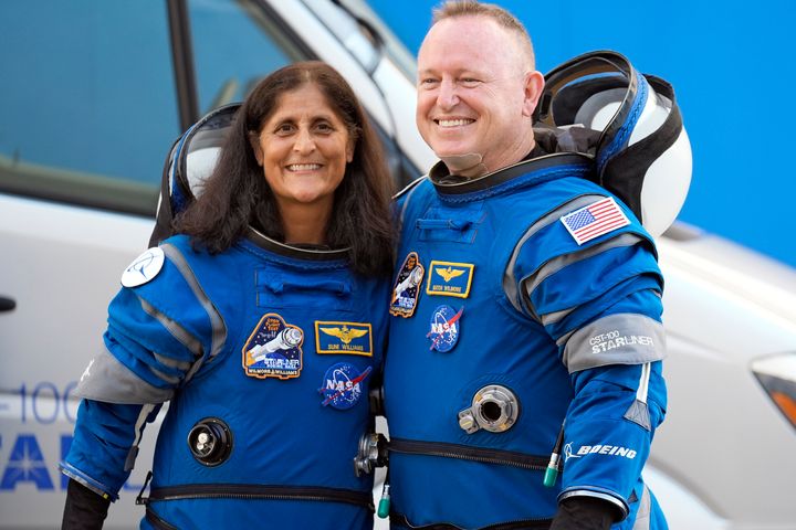 NASA astronauts Suni Williams, left, and Butch Wilmore stand together for a photo enroute to the launch pad at Space Launch Complex 41 Wednesday, June 5, 2024, in Cape Canaveral, Fla., for their liftoff on the Boeing Starliner capsule to the international space station. Their mission grew from eight days to eight months after NASA decided to send the company’s problem-plagued Starliner capsule back empty in September.