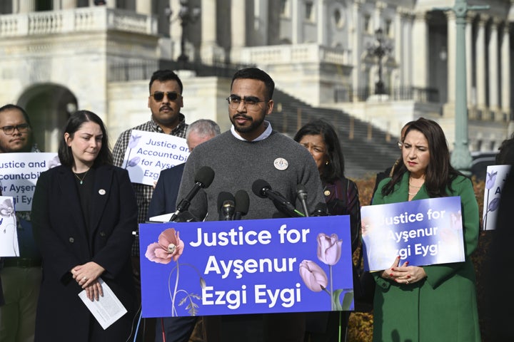 Hamid Ali, husband to slain activist Aysenur Eygi, speaks during a press conference outside the Capitol demanding justice and accountability for Israel killing her earlier this year in the West Bank, in Washington D.C., United States on Dec. 17, 2024. 