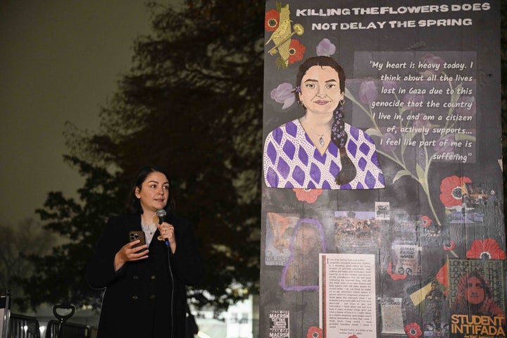 A vigil was held outside the White House in memory of Aysenur Ezgi Eygi, the American activist killed by Israeli forces in September during a peaceful protest in the West Bank. Eygi's sister Ozden Bennett speaks at the vigil in Washington D.C., United States on Dec. 16, 2024.