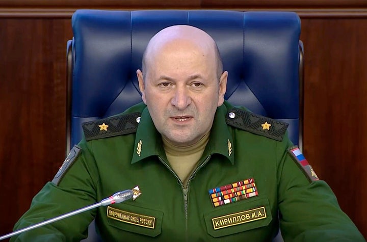 Maj. Gen. Igor Kirillov, the head of the Russian military's radiation, biological and chemical protection troops speaks during a briefing in the Russian Defense Ministry's headquarters in Moscow, Russia, Thursday, Oct. 4, 2018. Russia's Defense Ministry says the United States appears to be running a clandestine biological weapons lab in the country of Georgia, allegedly flouting international rules and posing a direct security threat to Russia. (Russian Defense Ministry Press Service, via AP)