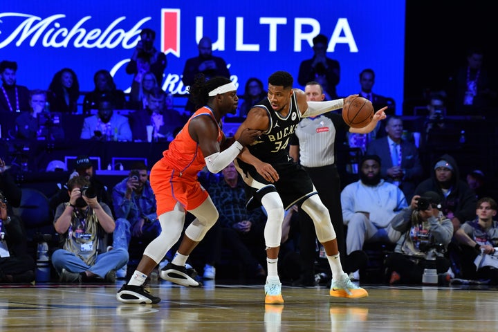 LAS VEGAS, NV - DECEMBER 17: Giannis Antetokounmpo #34 of the Milwaukee Bucks handles the ball during the game against the Oklahoma City Thunder during the Emirates NBA Cup Championship game on December 17, 2024 at T-Mobile Arena in Las Vegas, Nevada. NOTE TO USER: User expressly acknowledges and agrees that, by downloading and/or using this Photograph, user is consenting to the terms and conditions of the Getty Images License Agreement. Mandatory Copyright Notice: Copyright 2024 NBAE (Photo by Juan Ocampo/NBAE via Getty Images)