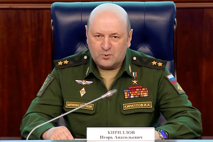  In this photo taken from video released by the Russian Defense Ministry Press Service on Feb. 28, 2023, Lt. Gen. Igor Kirillov, head of Russia's Nuclear, Biological, and Chemical Defense Forces, speaks at a briefing in Moscow, Russia.