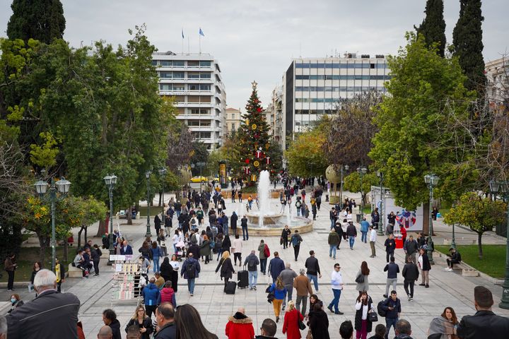 The Christmas tree is standing in Syntagma Square in Athens, Greece, on December 5, 2023. (Photo by Giorgos Arapekos/NurPhoto via Getty Images)