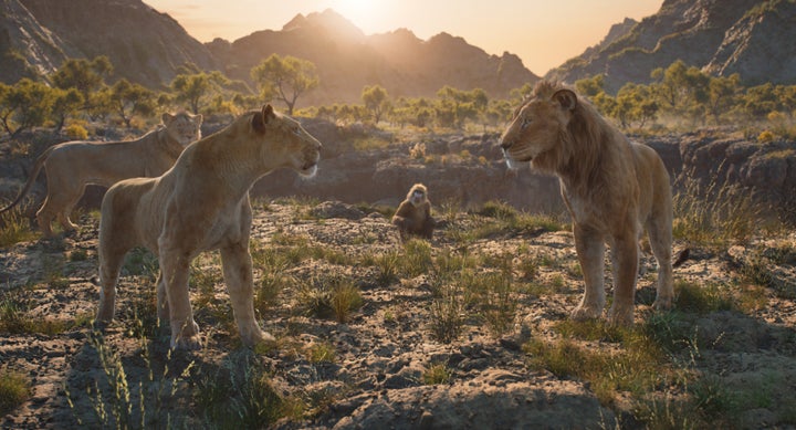 (L-R): Taka (Harrison Jr.), Sarabi (Tiffany Boone), Rafiki (Kagiso Lediga), and Mufasa (Pierre) in "Mufasa: The Lion King."