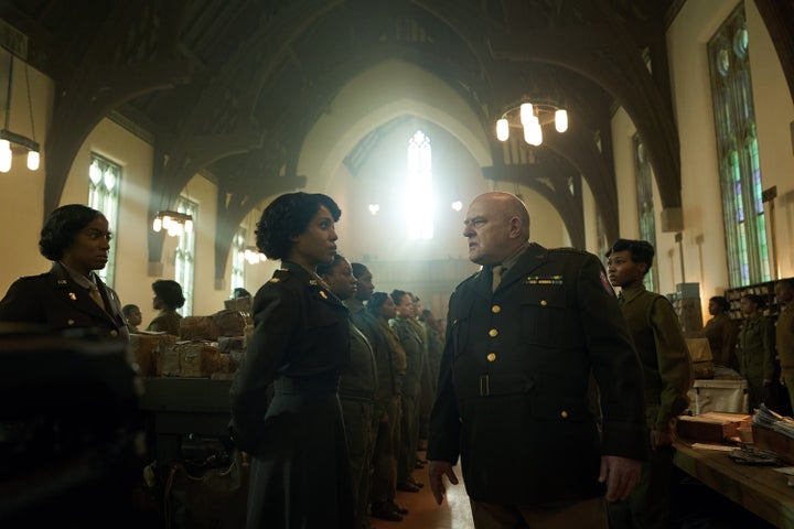 (L-R) Milauna Jackson as Captain Campbell, Kerry Washington as Major Charity Adams and Dean Norris as General Halt in "The Six Triple Eight."