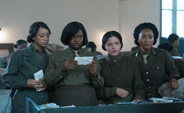 (L-R) Kylie Jefferson as Bernice Baker, Shanice Shantay as Johnnie Mae, Sarah Jeffrey as Dolores Washington and Pepi Sonuga as Elaine White in "The Six Triple Eight."