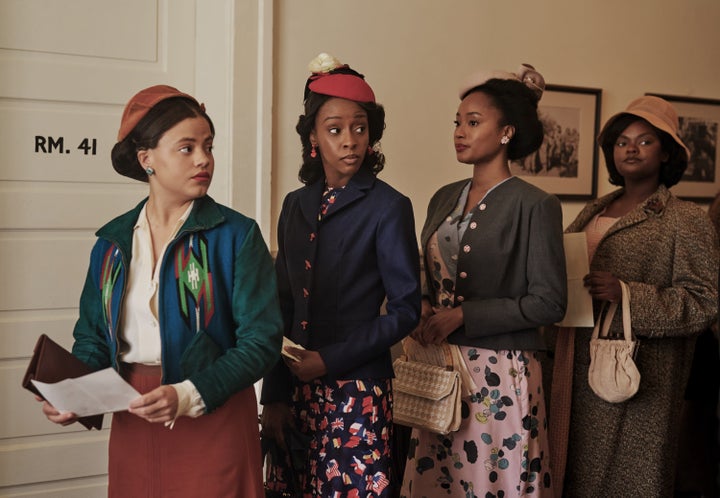 (L-R) Sarah Jeffrey as Dolores Washington, Ebony Obsidian as Lena Derriecott King, Pepi Sonuga as Elaine White and Shanice Shantay as Johnnie Mae in "The Six Triple Eight."