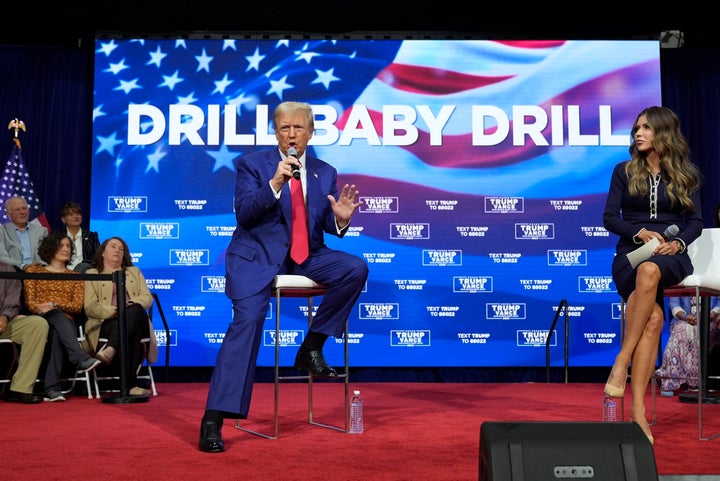 Donald Trump speaks Oct. 14 at a campaign town hall at the Greater Philadelphia Expo Center & Fairgrounds in Oaks, Pennsylvania, while South Dakota Gov. Kristi Noem acts as moderator. Trump touted slogans such as "Drill, baby, drill" as a campaign promise to advance the fossil fuel industry again.