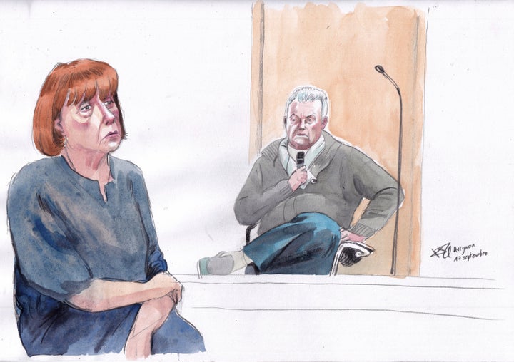 This courtroom sketch by Valentin Pasquier shows Gisèle Pelicot, left, and her ex-husband Dominique Pelicot, right, during his trial at the courthouse in Avignon, southern France, on Sept. 17, 2024.