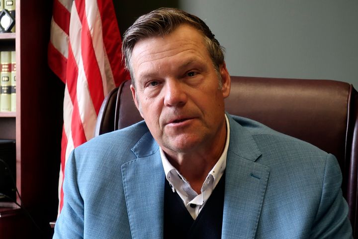 Kansas Attorney General Kris Kobach pauses during an interview with The Associated Press about how he's advising President-elect Donald Trump's transition team on immigration issues, on Dec. 18, 2024, in his office in Topeka.