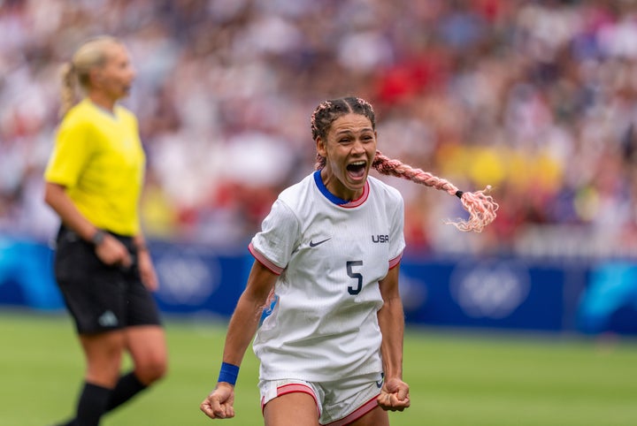 Rodman celebrates her knockout goal against Japan in a Paris Olympics quarterfinal. 