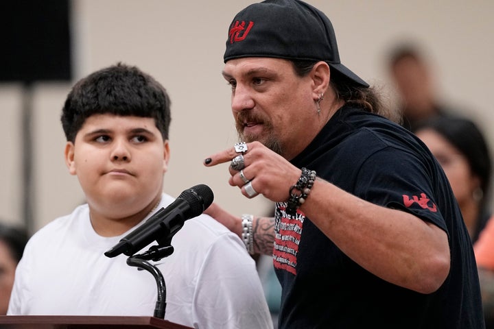 Brett Cross, who's son Uziyah Garcia was among 19 children killed in the massacre at Robb Elementary School, speaks at a City Council meeting on May 7 in Uvalde, Texas.