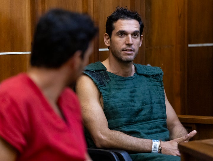 Alon Alexander, 37, right, and his twin brother, Oren, left, attend their bond hearing at the Richard E. Gerstein Justice Building on Dec. 13, 2024, in Miami, Florida. The Alexanders have been charged with multiple state and federal crimes, including sex trafficking and rape.