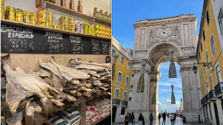 Dried and salted cod for sale and the Rua Augusta Arch.