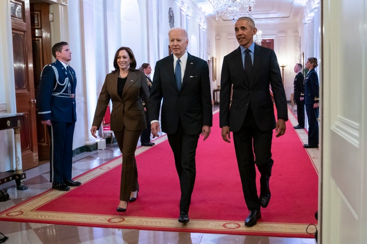 President Joe Biden, former President Barack Obama, and Vice President Kamala Harris arrive for an event at the White House.