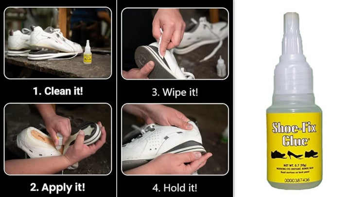 The Shoe-Fix Glue will help repair broken heels and soles in minutes.