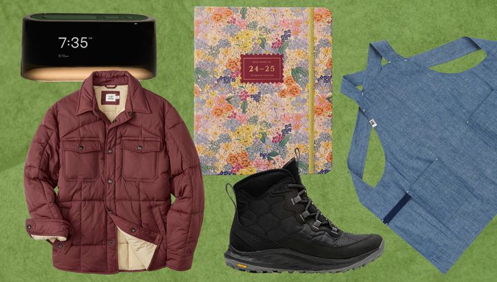 Loftie alarm clock, Flint and Tinder quilted shacket, Rifle Paper Co. floral planner, Merrell Antora boots and Hedley & Bennett smock apron