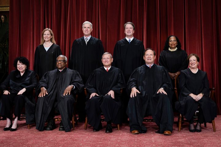 Supreme Court members sit for a new group portrait at the Supreme Court building in Washington, Oct. 7, 2022. (AP Photo/J. Scott Applewhite, File)