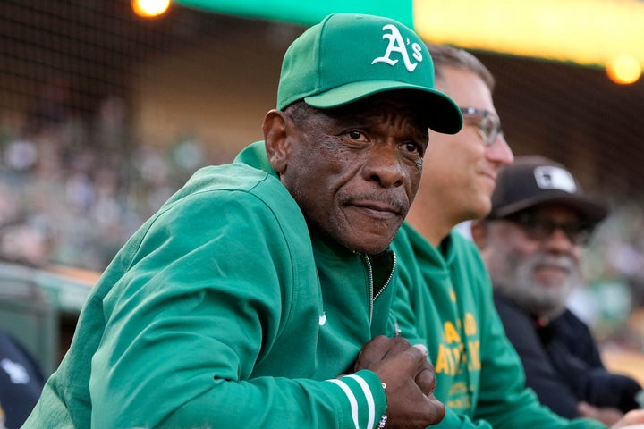 Rickey Henderson is seen before a baseball game between the Athletics and the Texas Rangers in Oakland, California, Sept. 25, 2024.