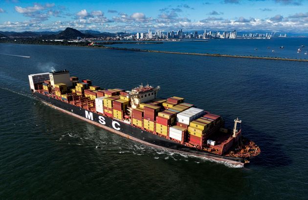 A cargo ship leaves the Panama Canal on the Pacific Ocean side of Panama City on Oct. 2.