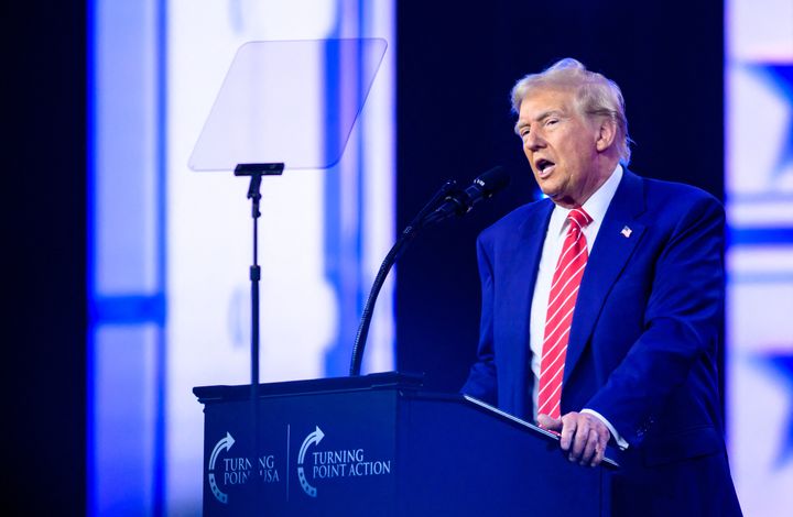 President-elect Donald Trump speaks during Turning Point's annual AmericaFest 2024 in Phoenix, Arizona, on Sunday.