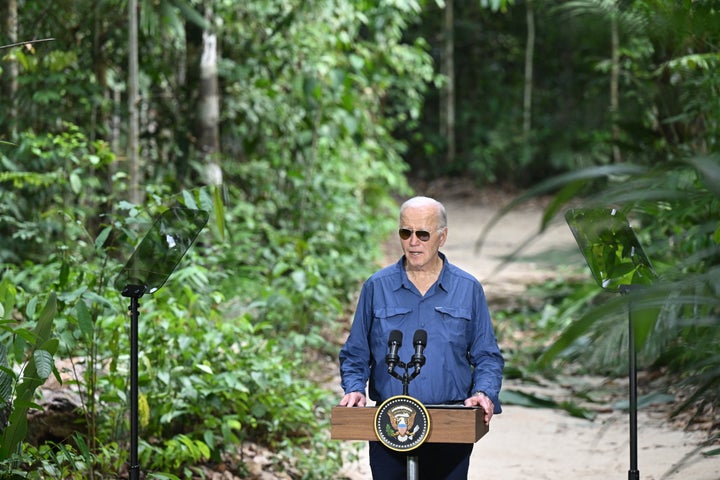 President Joe Biden speaks after signing a proclamation designating Nov. 17 as International Conservation Day during a visit to the Amazon in Manaus, Brazil.