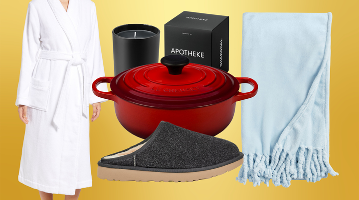 A robe, Apotheke candle, Le Creuset dutch oven, Ugg slipper and Bliss throw blanket from Nordstrom's half yearly sale.