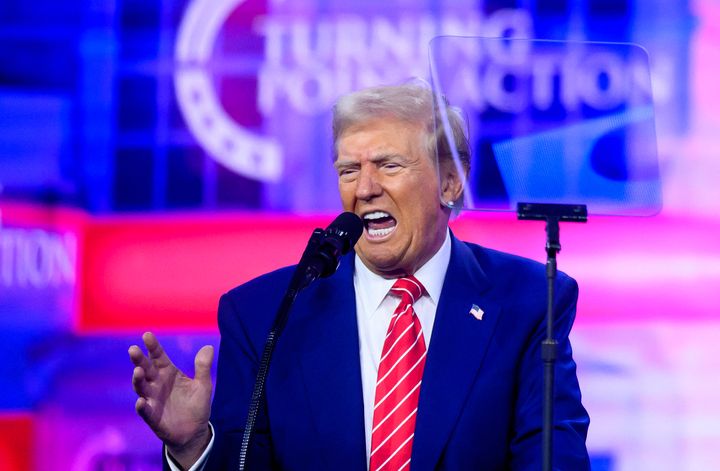 President-elect Donald Trump speaks during Turning Point's annual AmericaFest 2024 in Phoenix, Arizona, on Sunday.