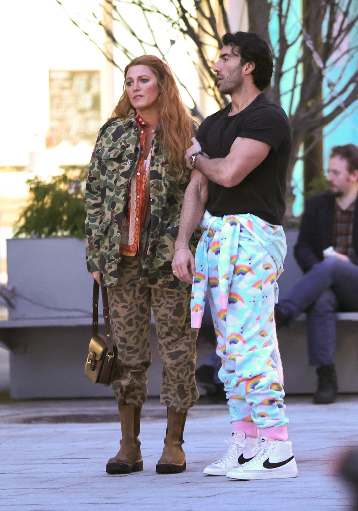 Blake Lively and Baldoni are seen on the set of "It Ends with Us" on Jan. 12, 2024, in Jersey City, New Jersey.