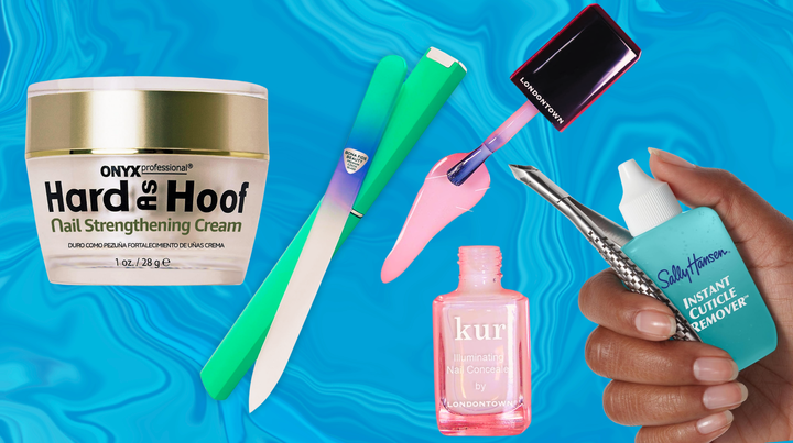 A Hard As Hoof nail-strengthening cream, a glass nail file, a nail concealer and an instant cuticle remover.