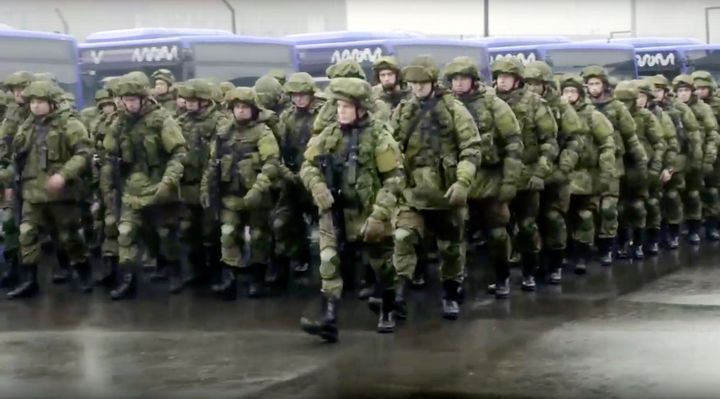 In this handout photo taken from video released by Russian Defence Ministry Press Service, Russian recruiters march prior to their military training at the Patriot Park outside in Moscow, Russia, Saturday, Oct. 1, 2022