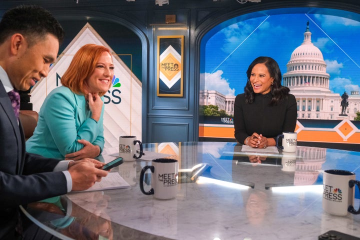 MEET THE PRESS -- Pictured: (left to right) Lanhee Chen, Fellow, The Hoover Institution at Stanford University, Jen Psaki, Former White House Press Secretary, Host, MSNBC's Inside with Jen Psaki, and moderator Kristen Welker appear on "Meet the Press" in Washington D.C., Sunday, Nov., 17, 2024. -- (Photo by: William B. Plowman/NBC via Getty Images)