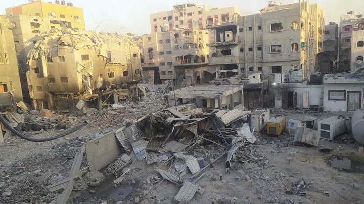 A view of destruction following the Israeli attack on the courtyard of Kamal Adwan Hospital and its surrounding buildings in Beit Lahia, Gaza on December 25, 2024. (Photo by Khalil Ramzi Alkahlut/Anadolu via Getty Images)