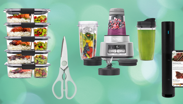 Rubbermaid containers, kitchen shears, Ninja Foodi smoothie blender, and mini sous vide machine