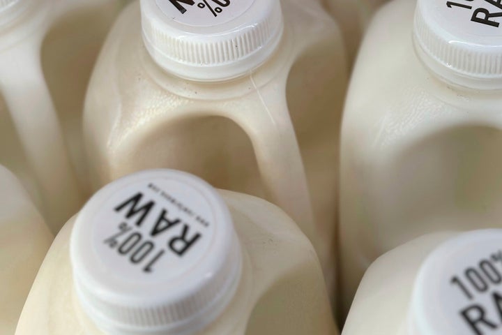 Bottles of raw milk are displayed for sale at a store in Temecula, Calif., on Wednesday, May 8, 2024.