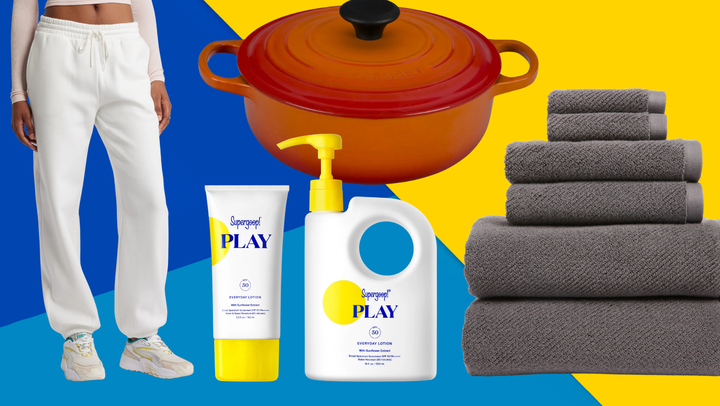 BP joggers, Supergoop sunscreen bundle, Le Creuset Dutch oven, and 6-piece cotton towel set