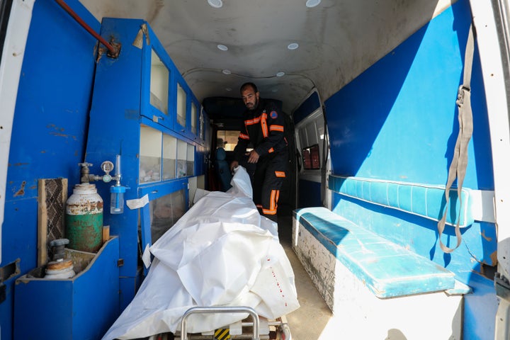 Palestinian medics transfer the bodies of those among the at least seven killed in an Israeli attack on Wafa Hospital, a rehabilitation center for the elderly, on Dec. 29, 2024. The bodies were transferred to a nearby hospital in Al-Zahra, south of Gaza City.