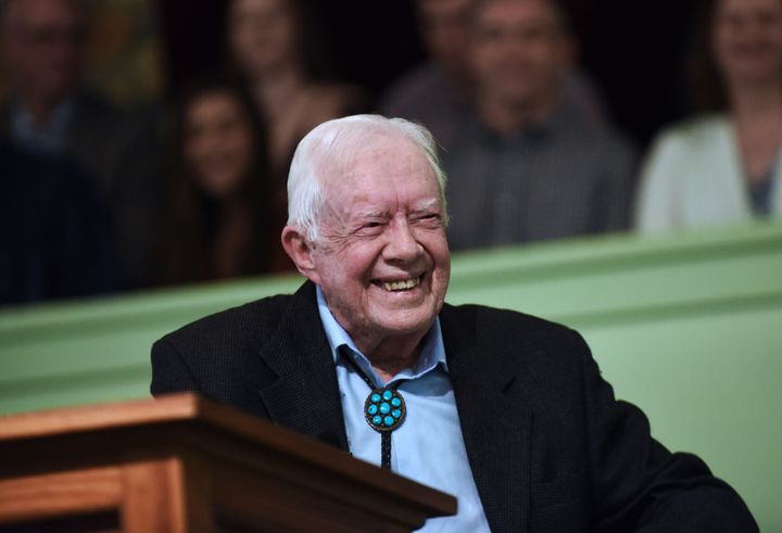 President Jimmy Carter speaks at his home parish of Maranatha Baptist Church in Plains, Georgia, on April 28, 2019. The Nobel Prize winner died at 100 on Sunday.