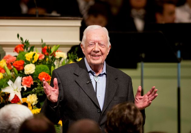 Former President Jimmy Carter teaches Sunday School class at the Maranatha Baptist Church in his hometown of Plains, Georgia, on Aug. 23, 2015. Carter died on Sunday, Dec. 29, 2024 at the age of 100 after 19 months of hospice care.